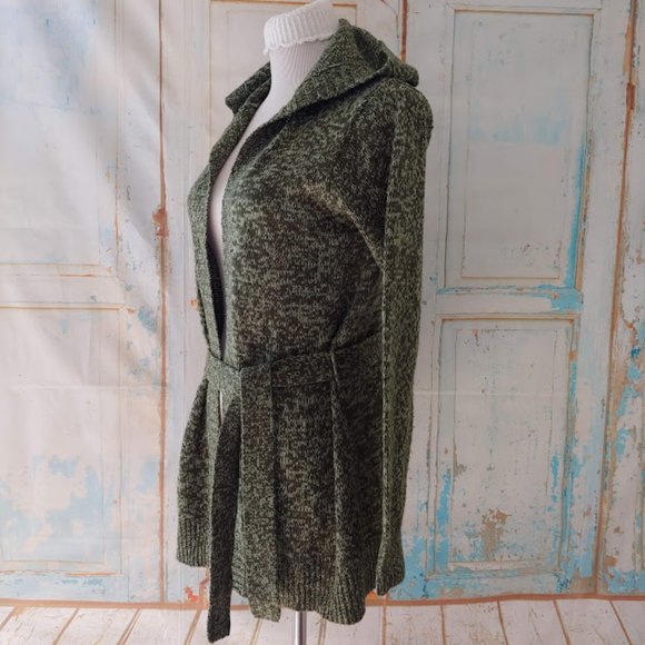 Derek Heart long sleeve hooded  knit cardigan duster sweater w tie/M/green - Picture 2 of 11